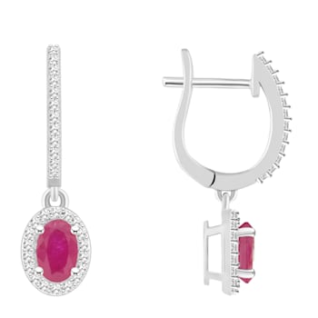 6x4mm Oval Ruby 1/3 ctw Diamond Rhodium Over Sterling Silver Halo Dangle Earrings