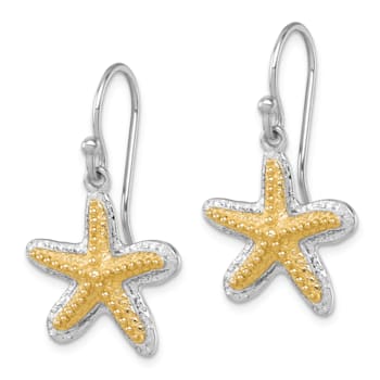 Rhodium Over Sterling Silver Polished Two-tone Star Fish Dangle Earrings