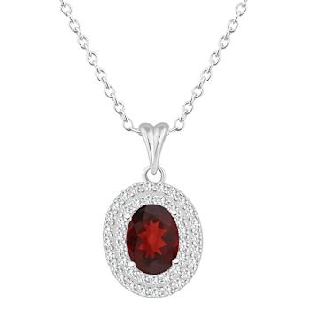 8x6mm Oval Garnet And White Topaz Accent Rhodium Over Sterling Silver
Double Halo Pendant w/Chain