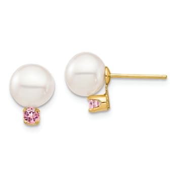 14K Yellow Gold 7-7.5mm White Round Freshwater Cultured Pearl Pink Topaz
Post Earrings