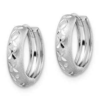 Rhodium Over 14k White Gold Diamond-Cut X Satin 1/2" Hinged Hoop Earrings