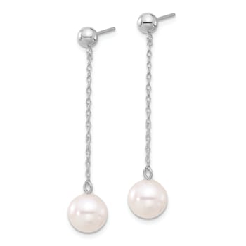 Rhodium Over 14K White Gold 7-8mm White Round Freshwater Cultured Pearl
Dangle Post Earrings