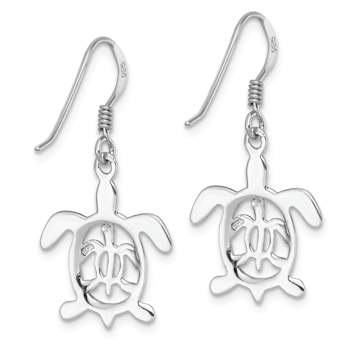 Rhodium Over Sterling Silver Cut Out Mother and Baby Turtle Dangle Earrings