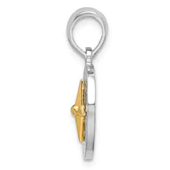 Rhodium Over Sterling Silver Polished Mini Compass with 14k Yellow Gold
Needle Pendant