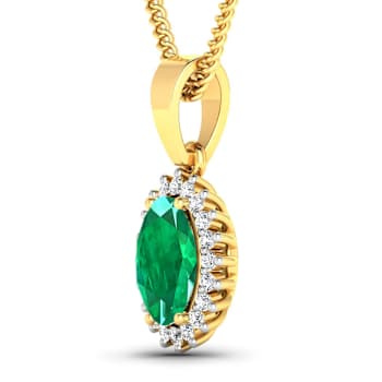 1.10ctw 14K Yellow Gold Zambian Emerald and White Diamond Pendant with
18 inch Cable Chain