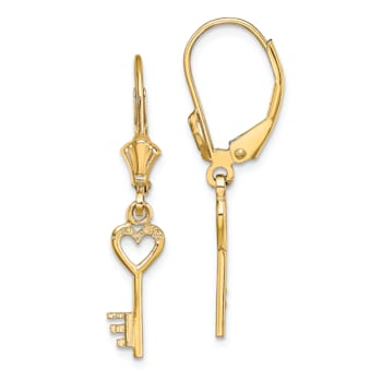 14k Yellow Gold Polished Heart Key Dangle Earrings