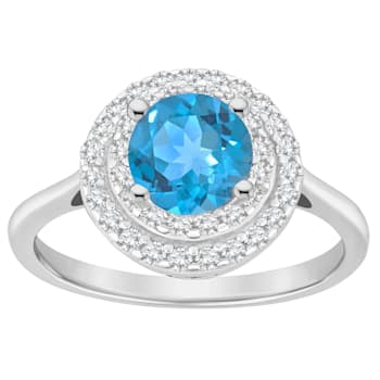 7mm Round Swiss Blue Topaz And White Topaz Accents Rhodium Over Sterling
Silver Double Halo Ring