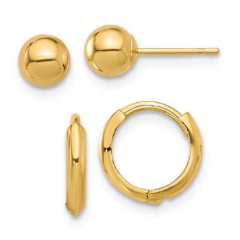 14k Yellow Gold Polished 5mm Ball and 3/8" Hinged Hoop Earring Set