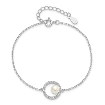 Rhodium Over Sterling Silver CZ 6-7mm White Button FW Cultured Pearl
with 1.25-inch Ext. Bracelet