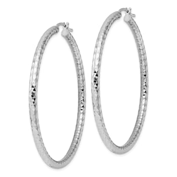 Rhodium Over Sterling Silver 3.00mm Diamond-cut Hoop Earrings