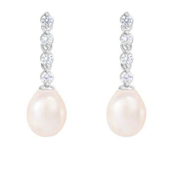 7-8mm White Cultured Freshwater Pearl and Cubic Zirconia Rhodium Over
Sterling Silver Earrings