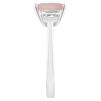 8x6mm Emerald Cut Rose Quartz And White Topaz Rhodium Over Sterling
Silver 3-Stone Ring