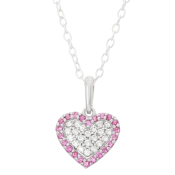 Lab Ruby And White Cubic Zirconia Rhodium Over Silver Children's Heart
Pendant With Chain 0.28ctw