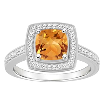 7mm Cushion Citrine 1/4 ctw Diamond Rhodium Over Sterling Silver Halo Ring