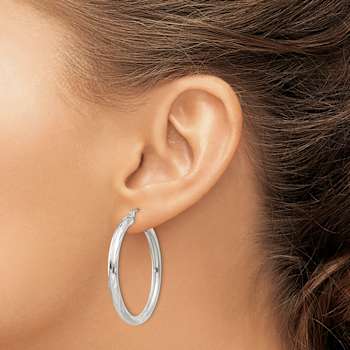Sterling Silver Diamond-cut Satin 3x35mm Hoop Earrings