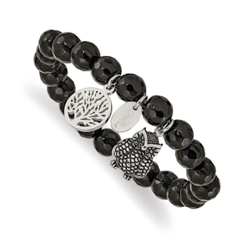 Stainless Steel Antiqued and Polished Owl Black Jade Stretch Bracelet