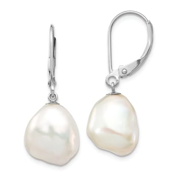 Rhodium Over 14K White Gold 13x15mm Keshi White Freshwater Cultured
Pearl Dangle Earrings