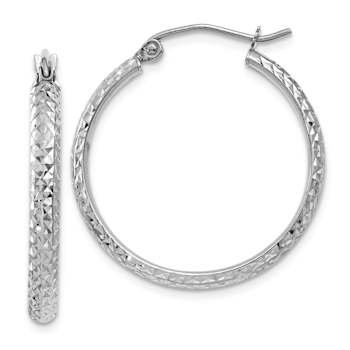 Rhodium Over 14k White Gold 1/1" Diamond-Cut Hoop Earrings