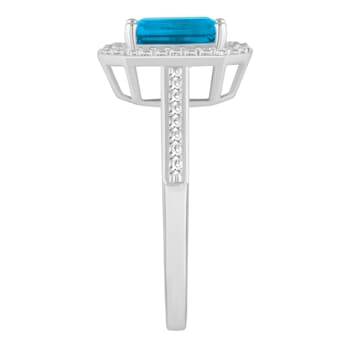 8x6mm Emerald Cut Blue Topaz 1/5 ctw Diamond Rhodium Over Sterling
Silver Halo Ring