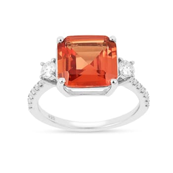 Peach Orange Lab Created Padparadscha Sapphire Rhodium Over Sterling
Silver Three Stone Octagon Ring