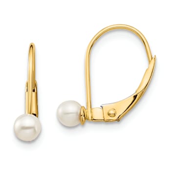 14K Yellow Gold 3-4mm White Round Freshwater Cultured Pearl Leverback Earrings