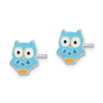 Rhodium Over Sterling Silver Enamel Blue Owl Children's Post Earrings