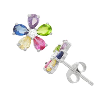 Multi-gem Simulants Rhodium Over Sterling Silver Children's Flower
Earrings 1.91ctw