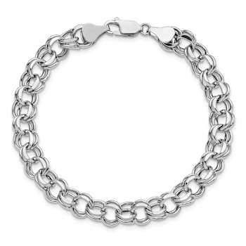 Rhodium Over 14k White Gold 7.5mm Diamond-Cut Double Link Charm Bracelet