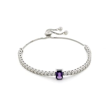 Purple Amethyst with Moissanite Accents Rhodium Over Sterling Silver Bracelet