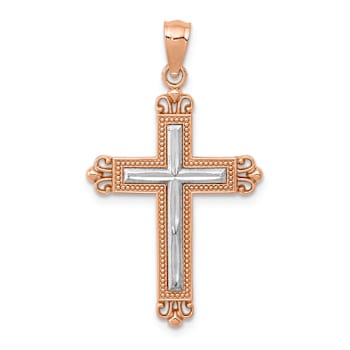 14k Rose Gold and Rhodium Over 14k Rose Gold Diamond-Cut Cross Pendant