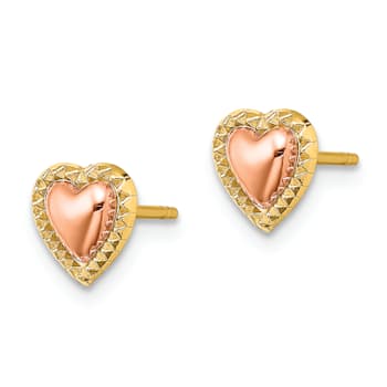 14K Yellow Gold and 14K Rose Gold 7mm Beaded Heart Stud Earrings