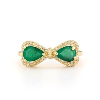 Pear Emerald and Round White Diamond 18K Yellow Gold over Sterling
Silver Ring 1.52ctw