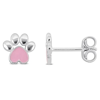 Children's Pink Enamel Paw Stud Earrings in Sterling Silver