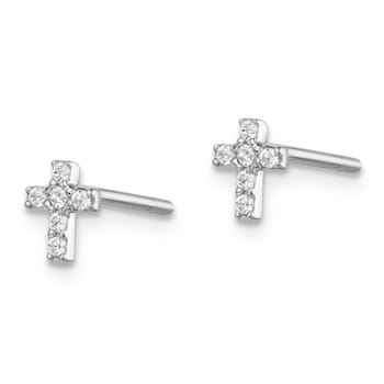 Rhodium Over Sterling Silver Cubic Zirconia Children's Cross Post Earrings