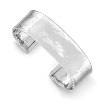 Rhodium Over 14k White Gold 19mm Hammered Polished Cuff Bangle