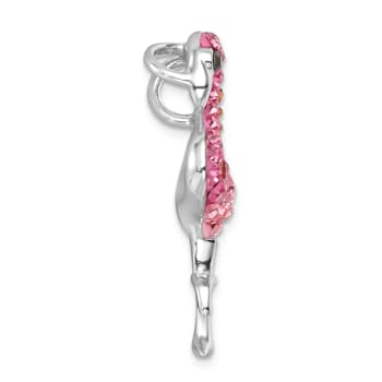 Rhodium Over Sterling Silver Polished Pink Crystal Flamingo Slide Pendant