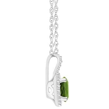 7mm Round Peridot 1/7 ctw Diamond Rhodium Over Sterling Silver Halo
Pendant with Chain
