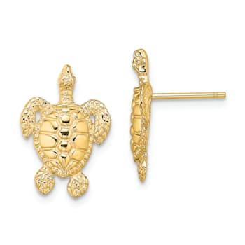 14K Yellow Gold Polished and Textured Sea Turtle Stud Earrings