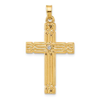 14k Yellow Gold Polished and Grooved Diamond Cross Pendant