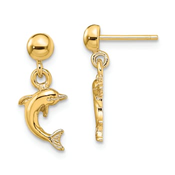 14k Yellow Gold Mini Jumping Dolphin Dangle Earrings