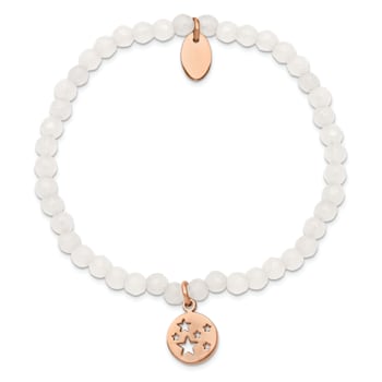 Rose Stainless Steel Polished Stars White Jade Beaded Stretch Bracelet