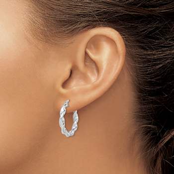 Rhodium Over Sterling Silver Twisted 3.5x25mm Hoop Earrings