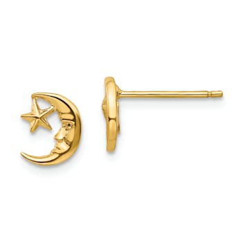 14K Yellow Gold Moon and Star Post Earrings