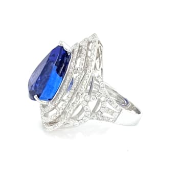 15.00 Ctw Tanzanite and 2.00 Ctw White Diamond Ring in 18K WG