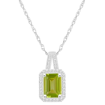 8x6mm Emerald Cut Peridot 1/6 ctw Diamond Rhodium Over Sterling Silver
Halo Pendant with Chain