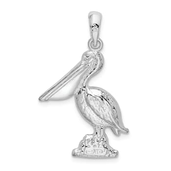 Rhodium Over Sterling Silver Large 3D Standing Pelican Pendant