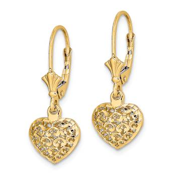 14k Yellow Gold Diamond-Cut and Textured Mini Puffed Heart Dangle Earrings