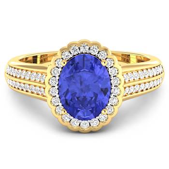 Purple Tanzanite and White Diamond Bridge 14K Yellow Gold Ring