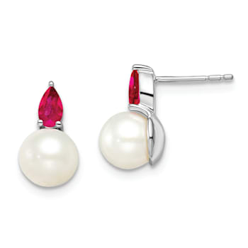 Rhodium Over 14K White Gold Freshwater Cultured Pearl and Ruby Post Earrings