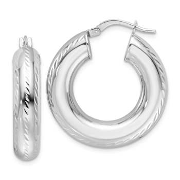 Rhodium Over 14k White Gold 1 1/16" Polished Diamond-Cut Round Hoop Earrings
